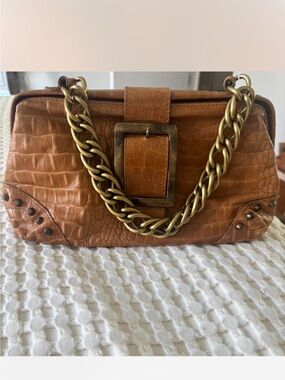 Made in Italy Vintage Leather Bag with Brass Chain Strap